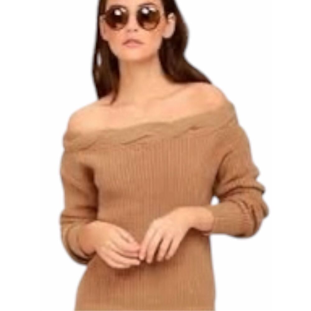 J.O.A. Weatherley Camel Off Shoulder Ribbed Knit Sweater Small